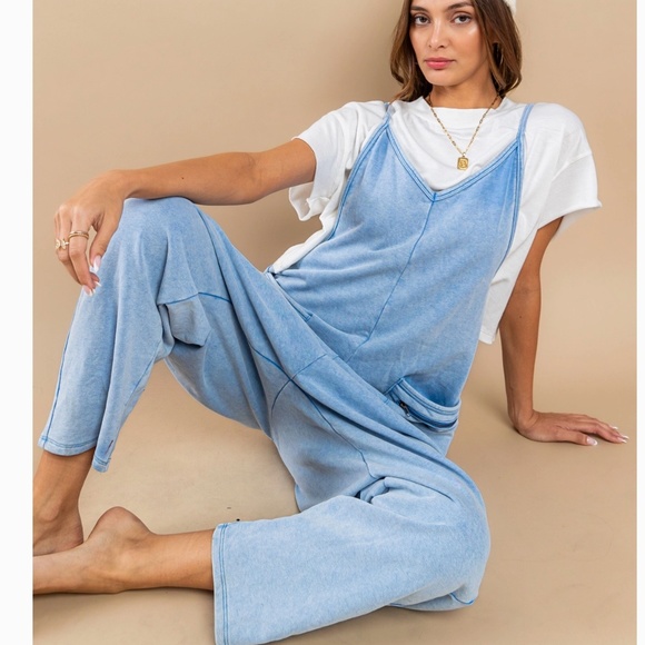 Mineral Wash French Terry Jumpsuit Women’s Harem One Piece 90’s Y2K Blue #S39 - Picture 4 of 12